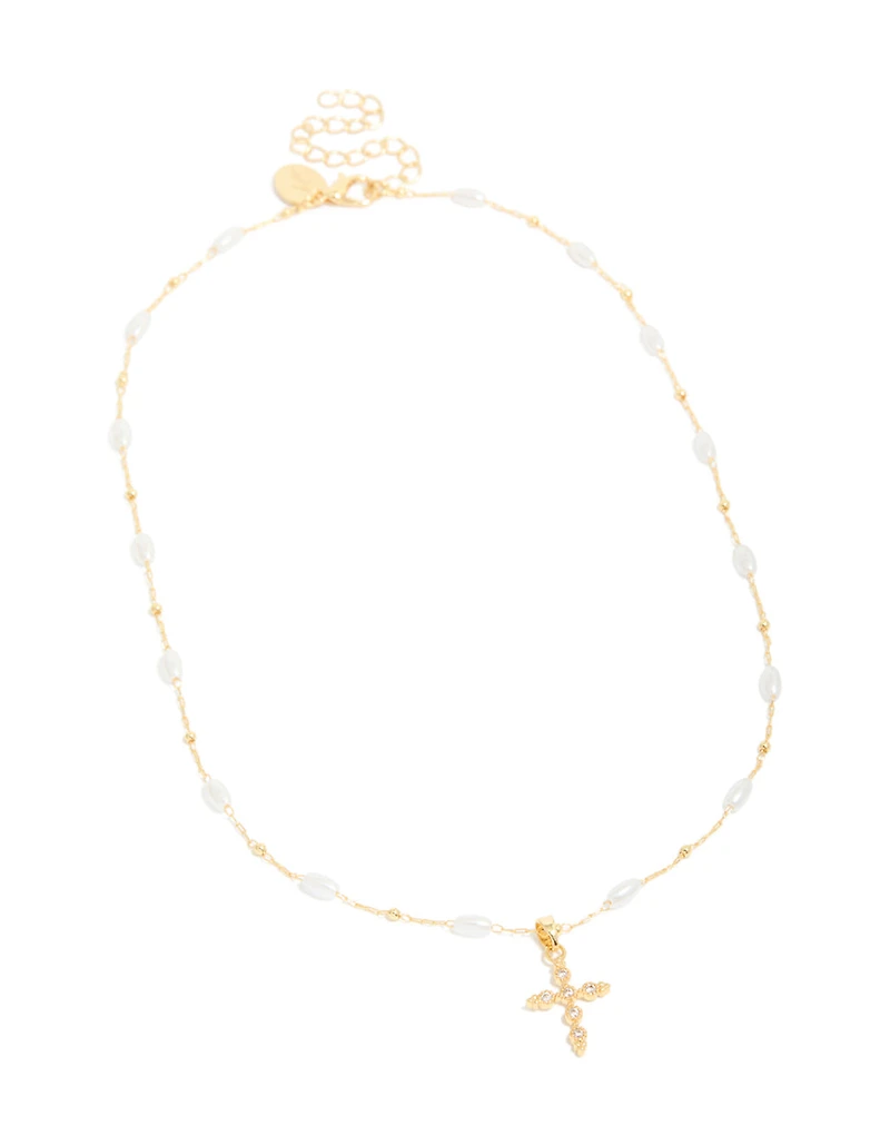 Collier croix cubique en zircone et perles plaqués or