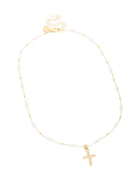 Collier croix cubique en zircone et perles plaqués or