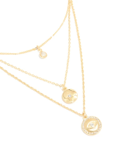 Gold Plated Cubic Zirconia Evil Eye & Circle Layered Necklace
