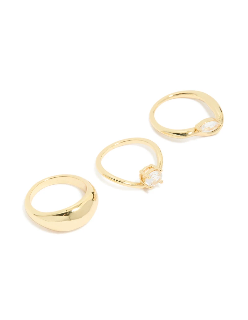 Gold Plated Cubic Zirconia & Chunky Rings 3-Pack