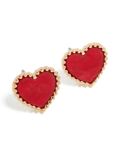 Gold Red Acrylic Heart Stud Earrings