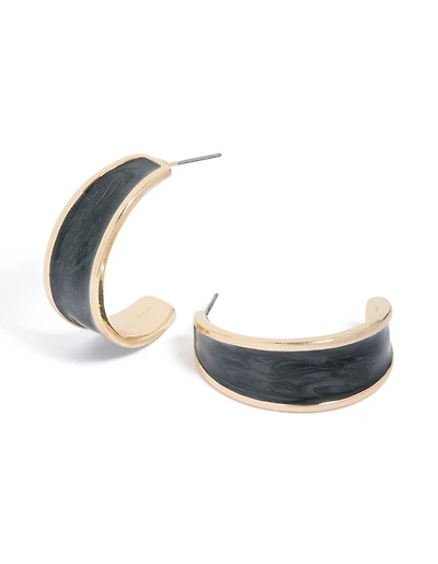 Gold Black Marble Inlay Hoop Earrings