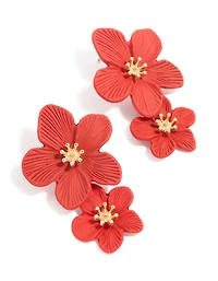 Boucles d’oreilles doubles en fleurs rouges dorées