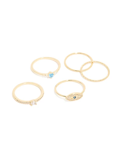 Lot de 5 bagues plaquées or avec zircon cubique et œil protecteur