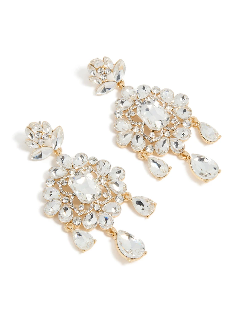 Gold Clear Diamante Square Drop Earrings