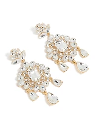 Gold Clear Diamante Square Drop Earrings
