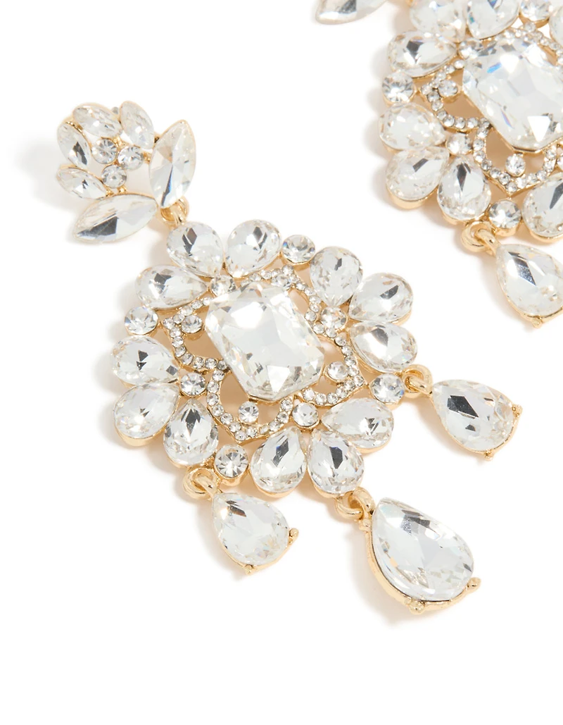 Gold Clear Diamante Square Drop Earrings
