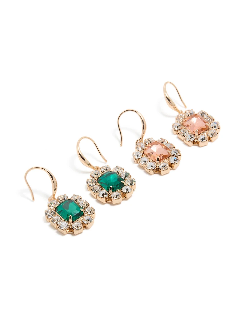 Boucles d’oreilles Delicate Huggie dorées roses et vertes Diamante Paquet de 2