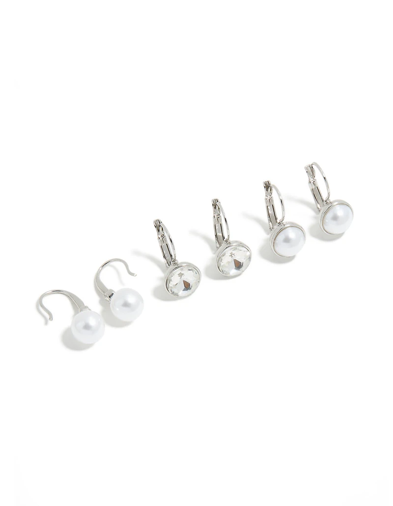 Silver Diamante & Pearl Huggie Earrings 3-Pack