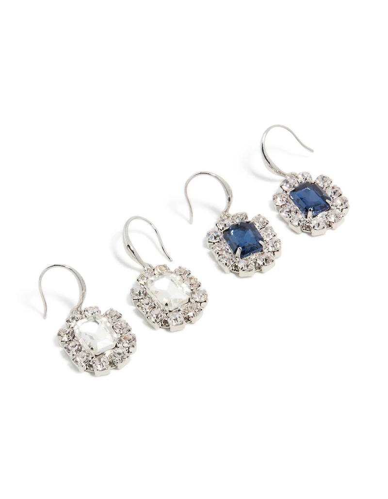 Silver Clear & Blue Diamante Hook Earrings 2- Pack