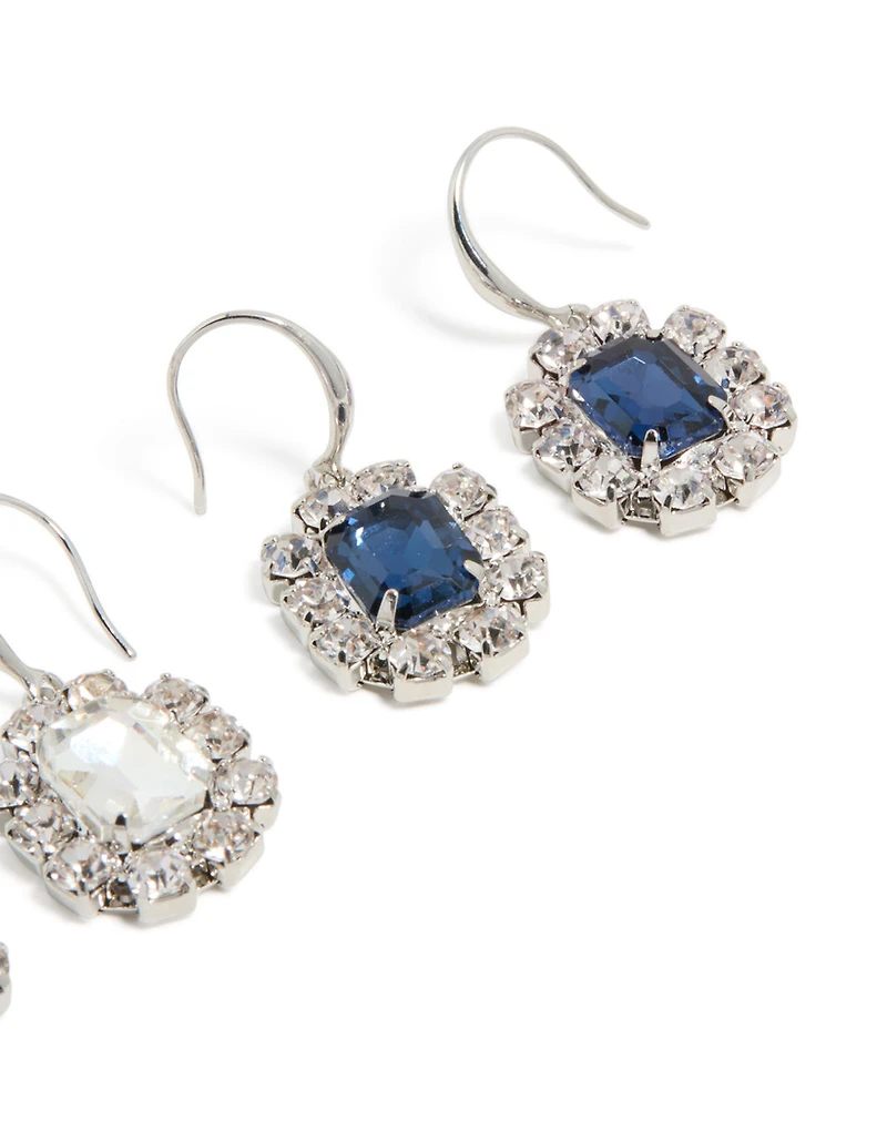 Silver Clear & Blue Diamante Hook Earrings 2- Pack