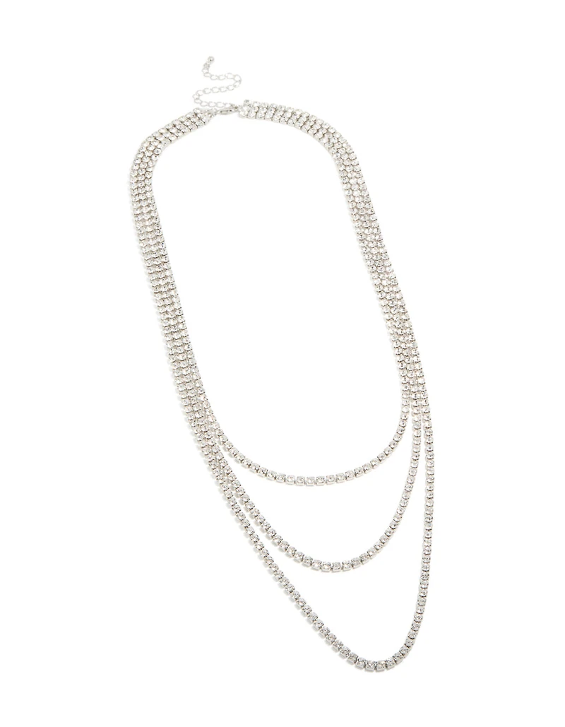 Collier triple couches de tennis en argent, diamants