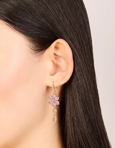 Gold Pink Cubic Zirconia Flower Hook Earrings
