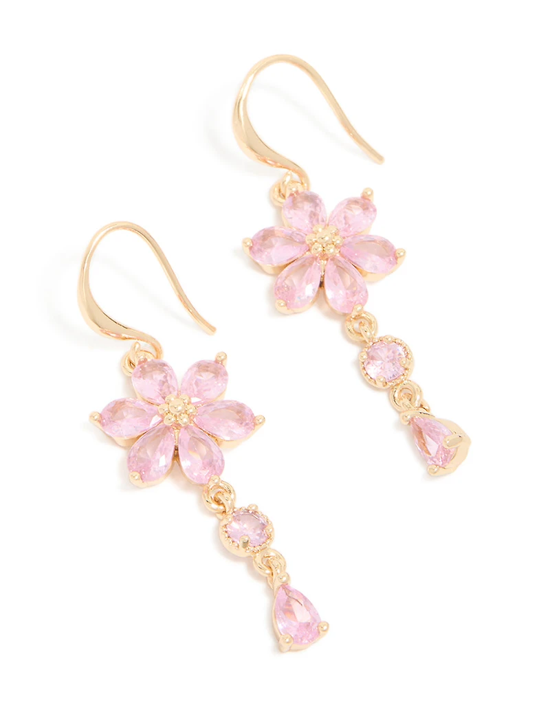 Gold Pink Cubic Zirconia Flower Hook Earrings