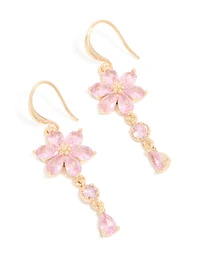 Gold Pink Cubic Zirconia Flower Hook Earrings