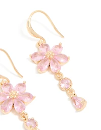 Gold Pink Cubic Zirconia Flower Hook Earrings