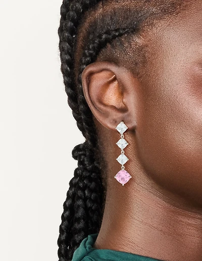 Silver Pink Cubic Zirconia Rhombus Drop Earrings