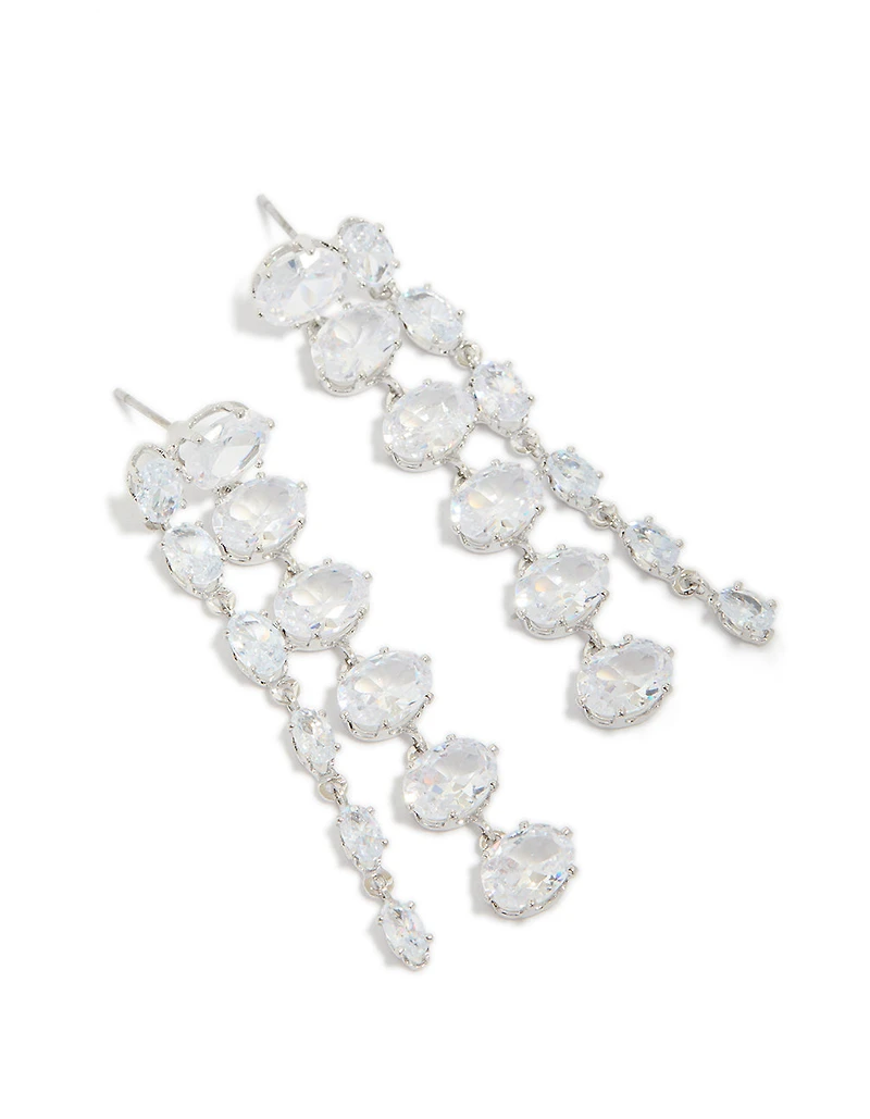Silver Cubic Zirconia Oval Layered Drop Earrings