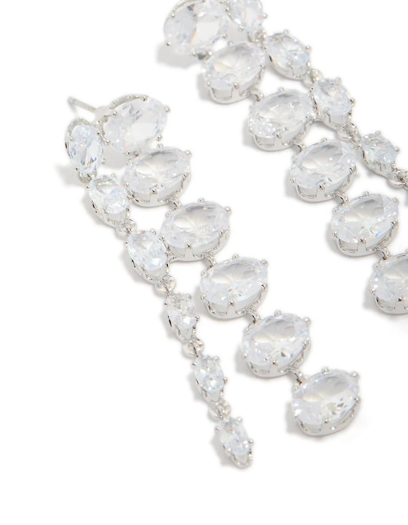 Silver Cubic Zirconia Oval Layered Drop Earrings