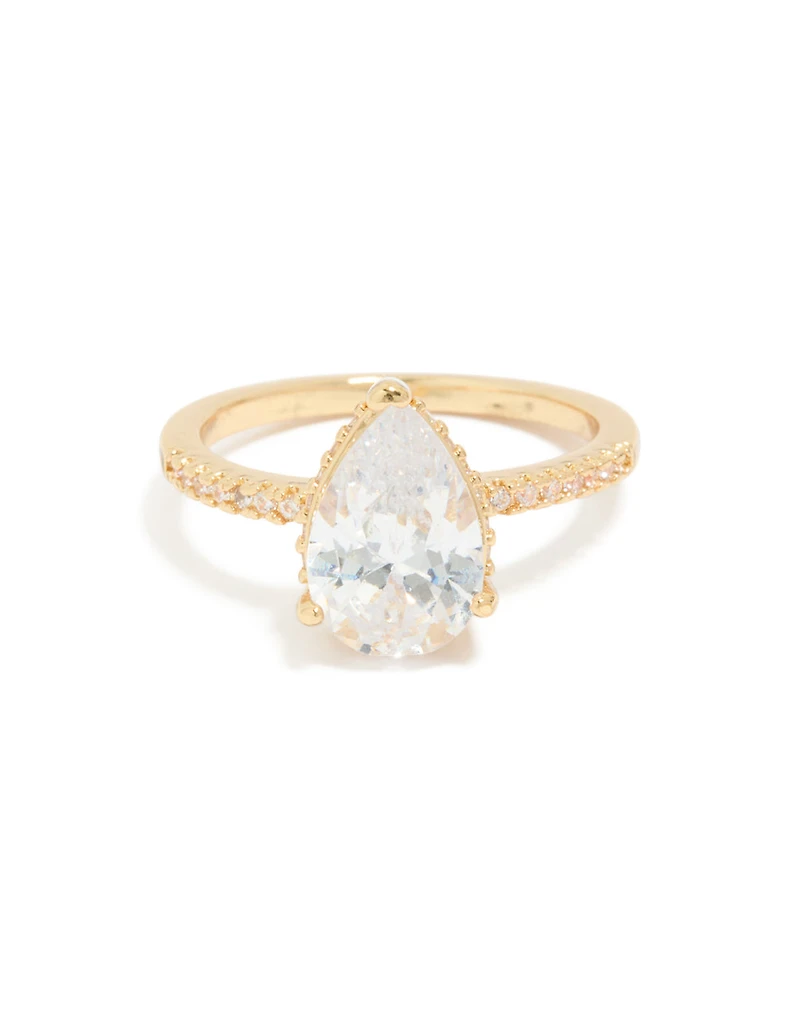 Anneau solitaire en zircone cubique poire plaqué or