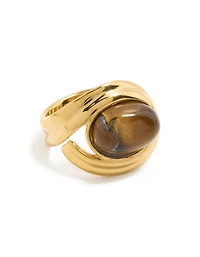 Waterproof Gold Plated Stainless Steel Brown Marble  Oval Ring