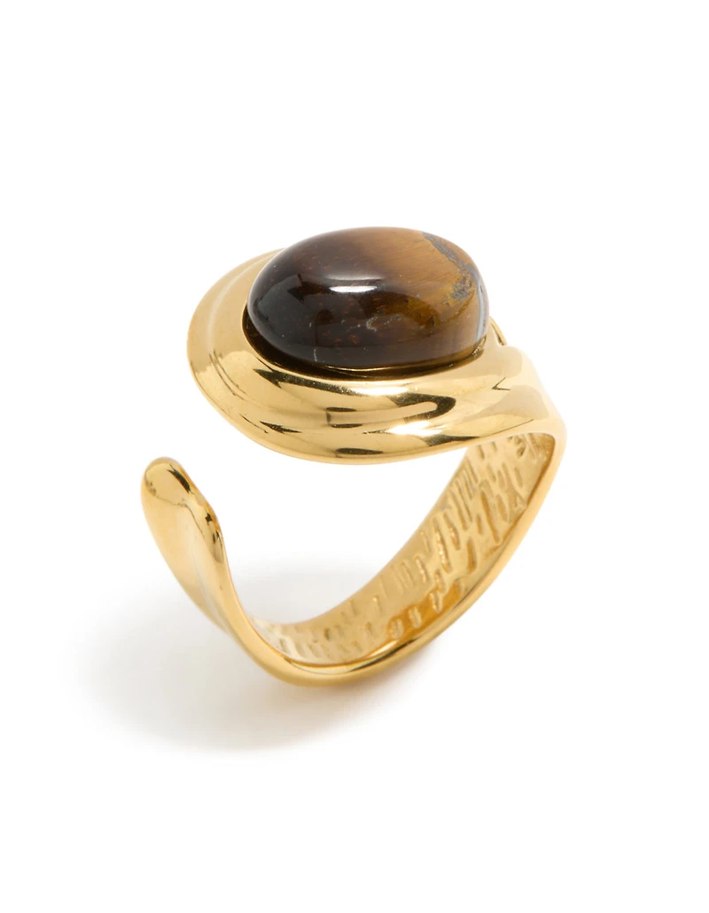 Waterproof Gold Plated Stainless Steel Brown Marble  Oval Ring