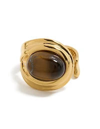 Waterproof Gold Plated Stainless Steel Brown Marble  Oval Ring