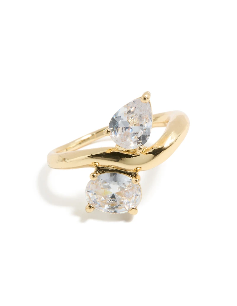 Gold Plated Modern Double Clear Cubic Zirconia Ring