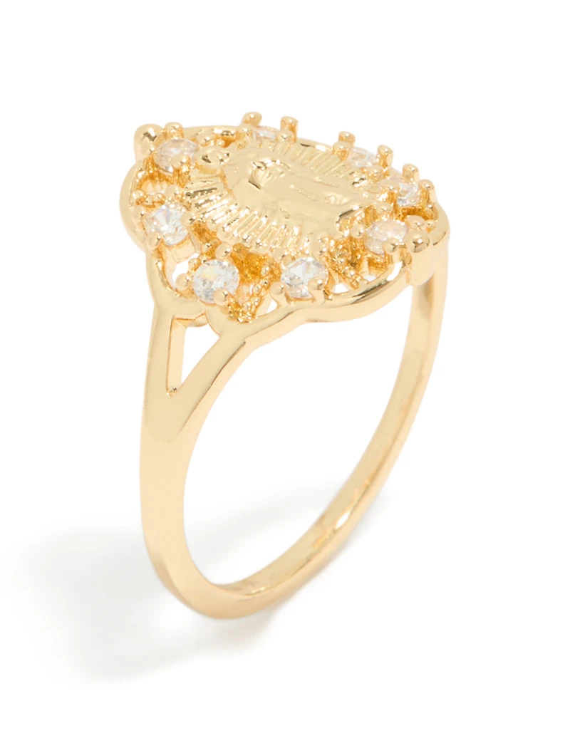 Gold Plated Diamante Mother Mary Motif Ring