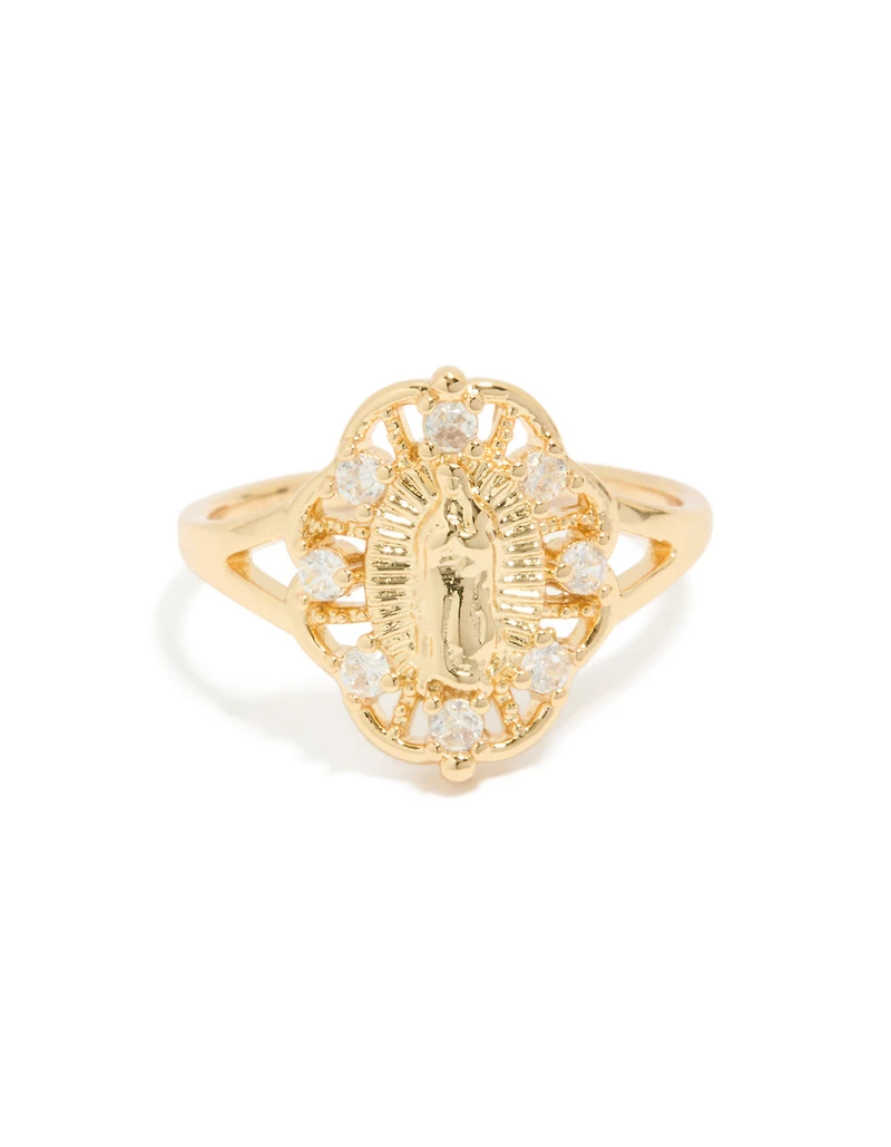 Gold Plated Diamante Mother Mary Motif Ring