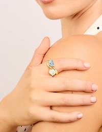 Anneau cubique en zircone transparent et bleu plaqué or