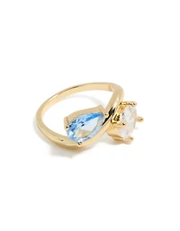 Gold Plated Clear & Blue Cubic Zirconia Ring