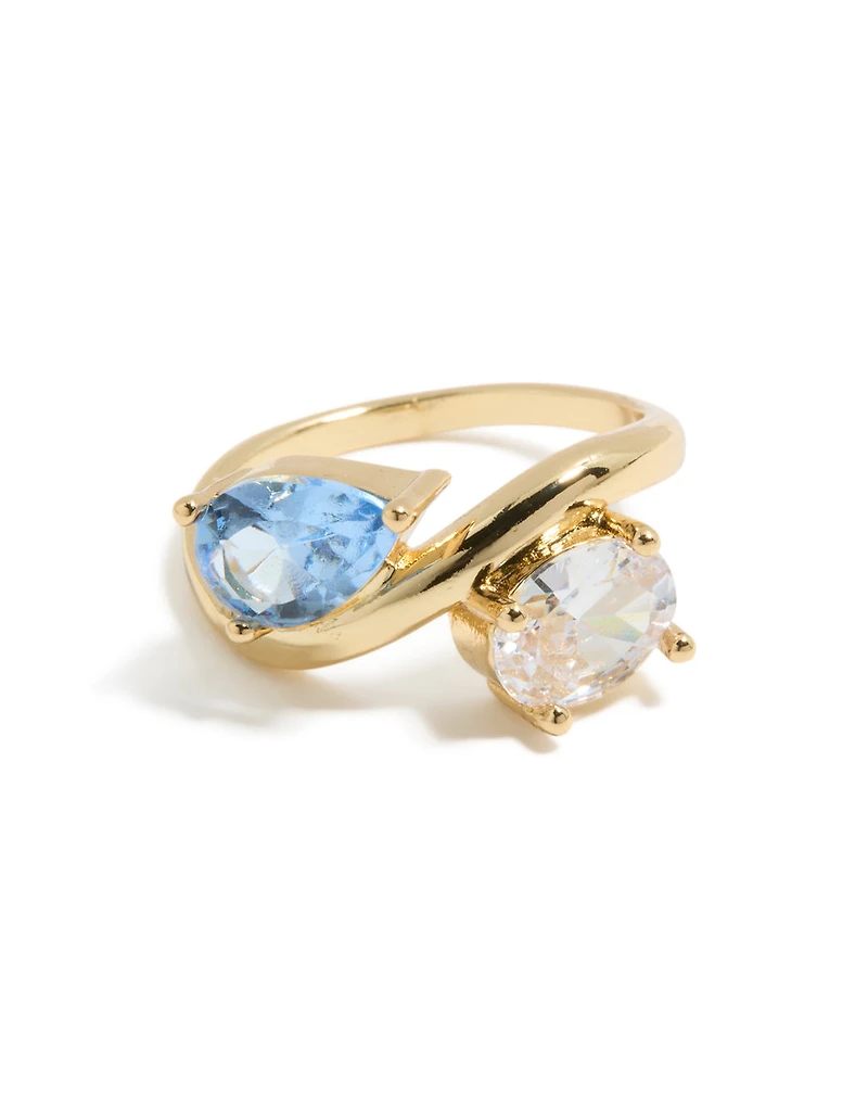 Anneau cubique en zircone transparent et bleu plaqué or