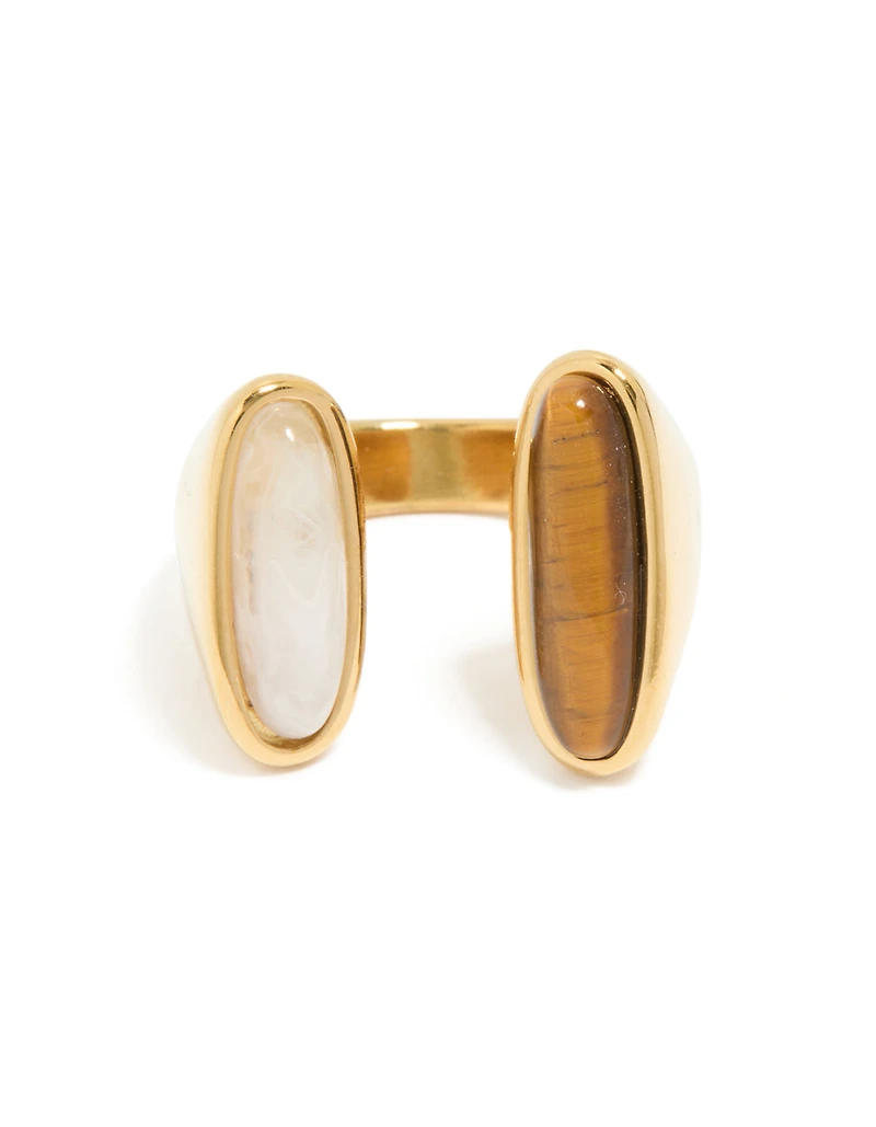Waterproof Gold Plated Stainless Steel Open Double Stone Ring