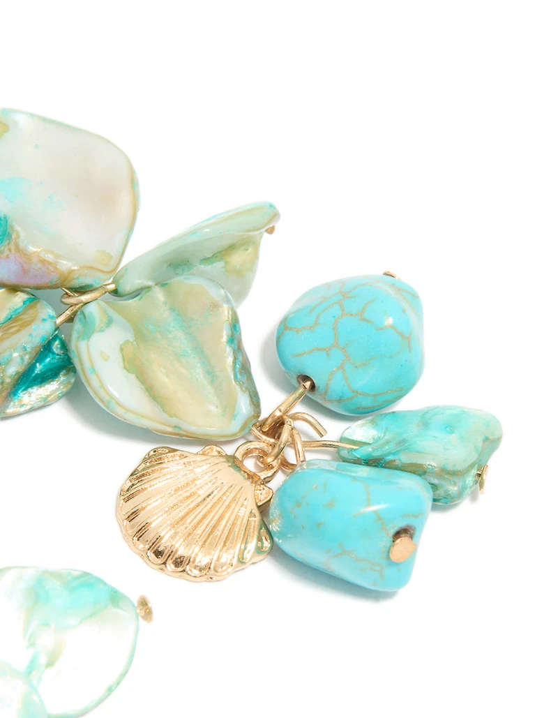 Gold Blue Genuine Shell Disc Layered Drop Earrings