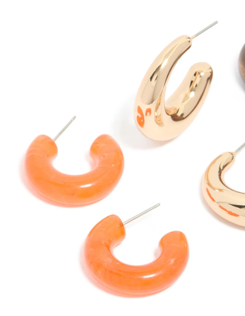 Gold Orange Acrylic & Wood Hoop Earrings 3-Pack