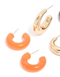 Gold Orange Acrylic & Wood Hoop Earrings 3-Pack