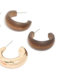 Gold Orange Acrylic & Wood Hoop Earrings 3-Pack