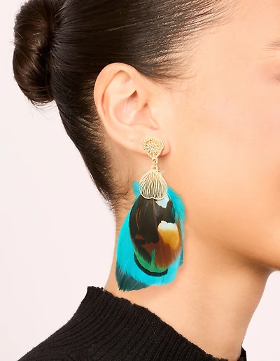 Gold Brown & Blue Feather Drop Earrings