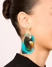 Gold Brown & Blue Feather Drop Earrings