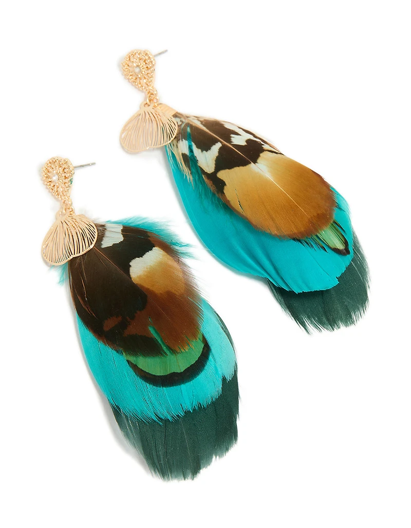 Gold Brown & Blue Feather Drop Earrings