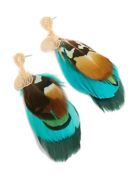 Gold Brown & Blue Feather Drop Earrings