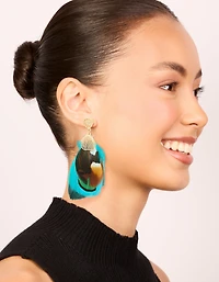 Gold Brown & Blue Feather Drop Earrings