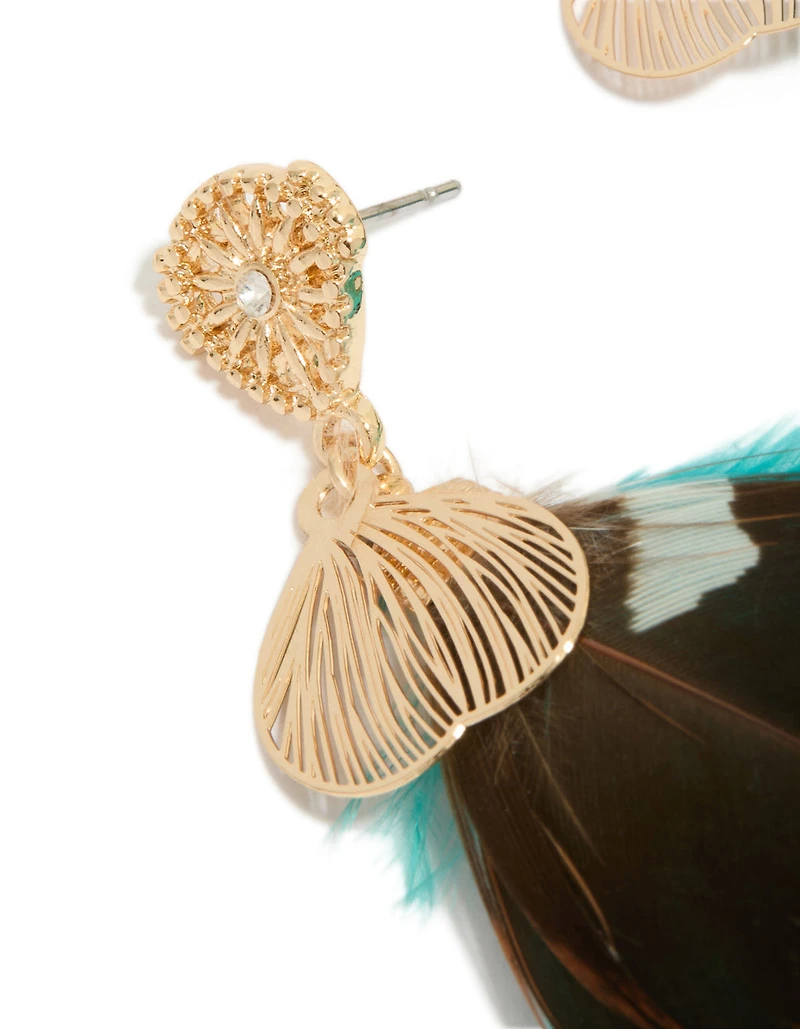 Gold Brown & Blue Feather Drop Earrings