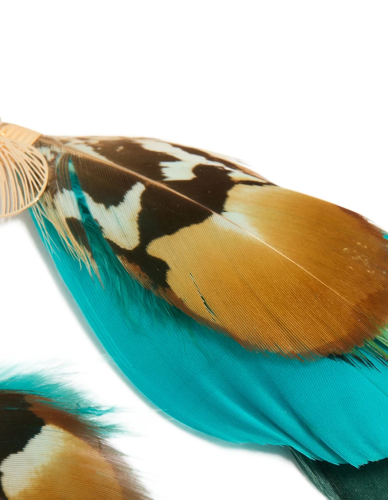 Gold Brown & Blue Feather Drop Earrings