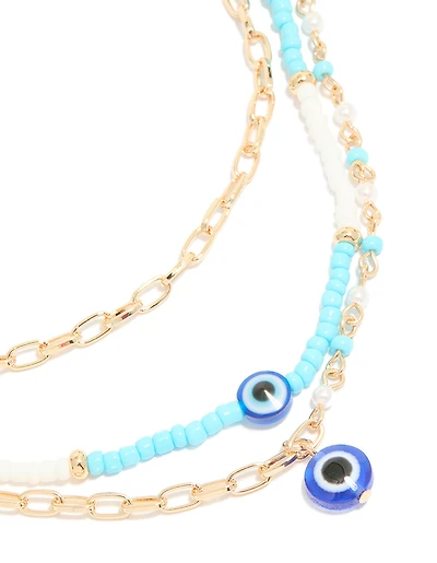 Collier triple couche perlé bleu doré