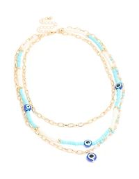 Collier triple couche perlé bleu doré
