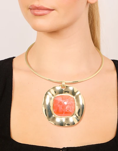 Gold Orange Pendant Choker Torque Necklace
