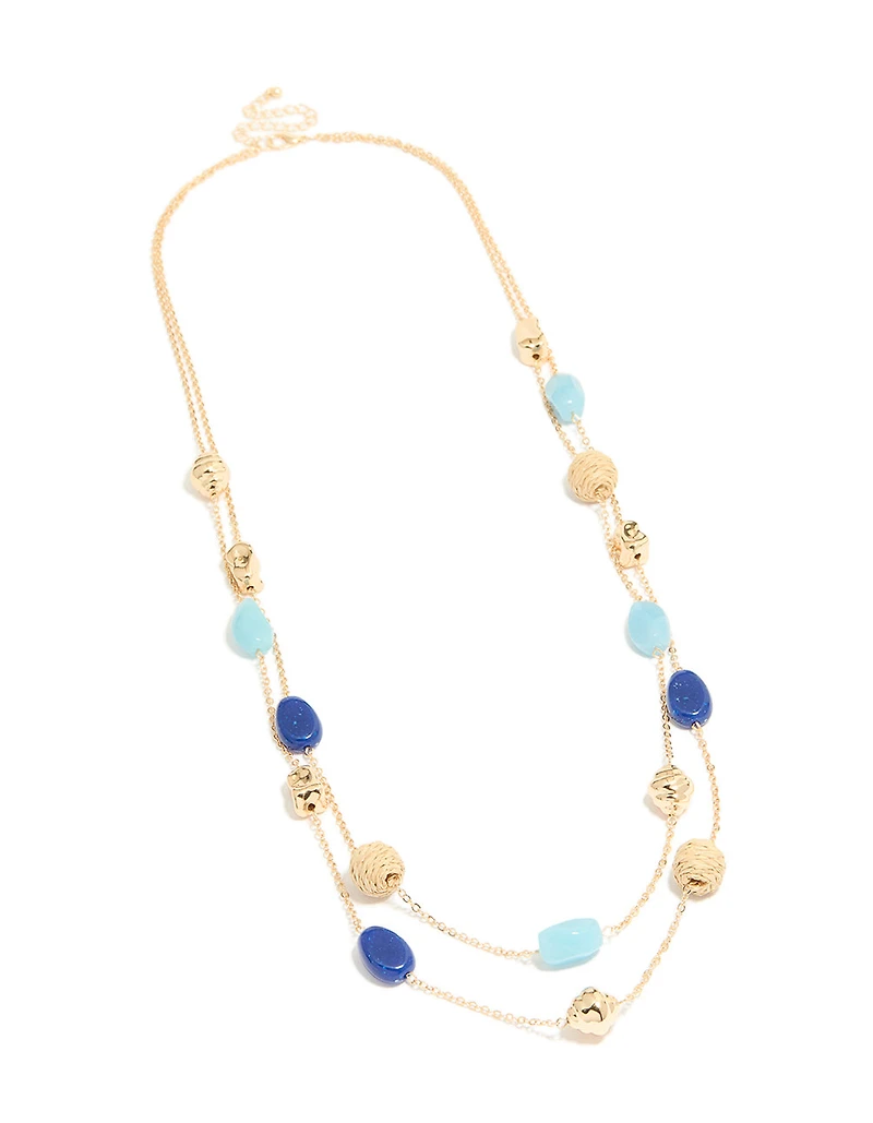 Gold Blue & Raffia Beaded Layered Necklace