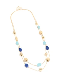Gold Blue & Raffia Beaded Layered Necklace